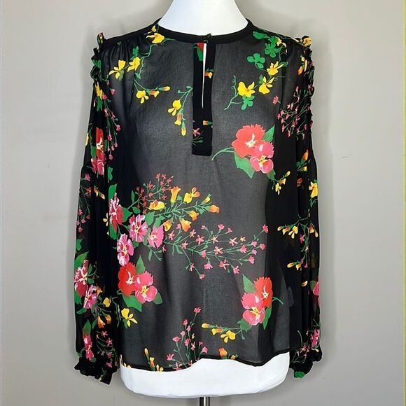 CABI Thespian Blouse #5706 Bold Jewel Tone Floral Pullover Ruffle Sleeve Blouse - Picture 3 of 11